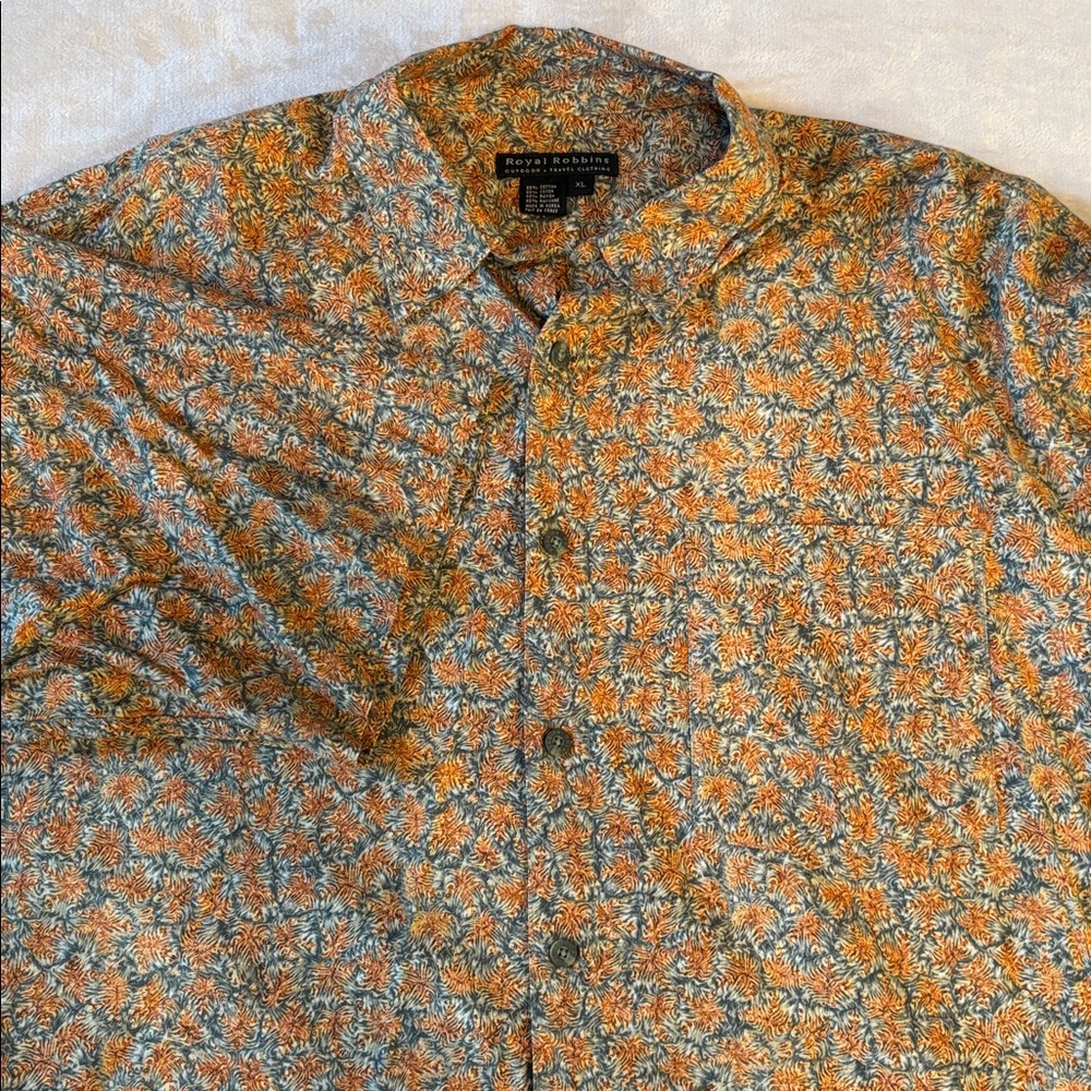 Royal Robbins Outdoor Travel Clothing Floral orange button down Shirt Mens XL